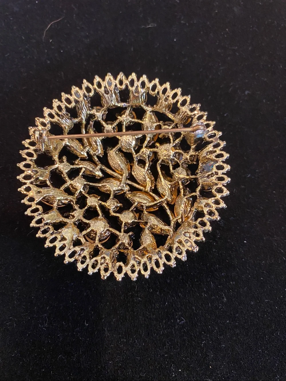 Gold-Tone Round Crystal Leaf Brooch - Champagne and Clear